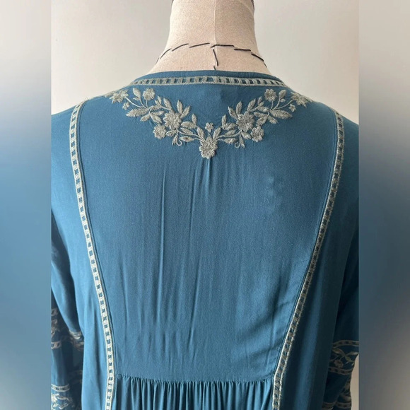 J. Jill Vicose Teal Peasant Style Tunic Blouse, Green Embroidery relaxed sz S - Picture 9 of 10